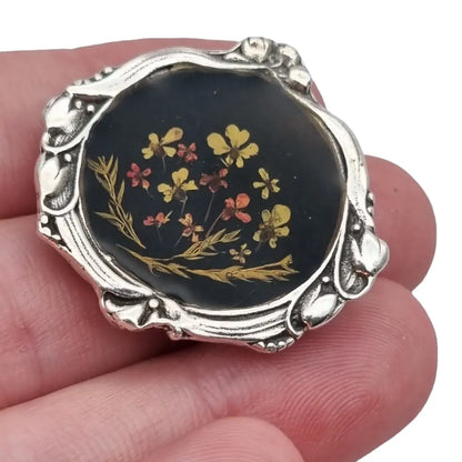 Broche modernista negro de flores y plata 916 regalos joyas antigua vintage.