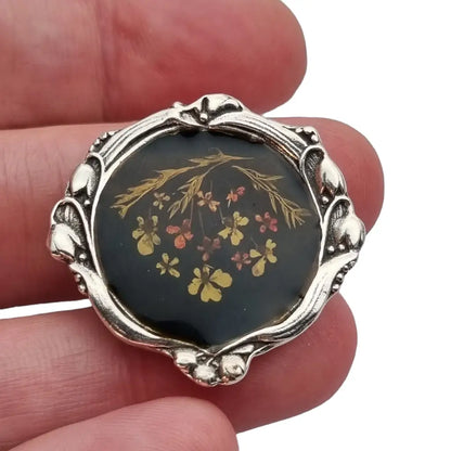 Broche modernista negro de flores y plata 916 regalos joyas antigua vintage.