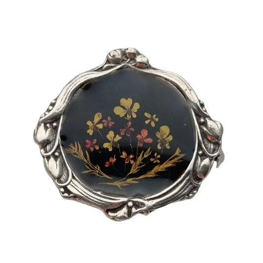 Broche modernista negro de flores y plata 916 regalos joyas antigua vintage.