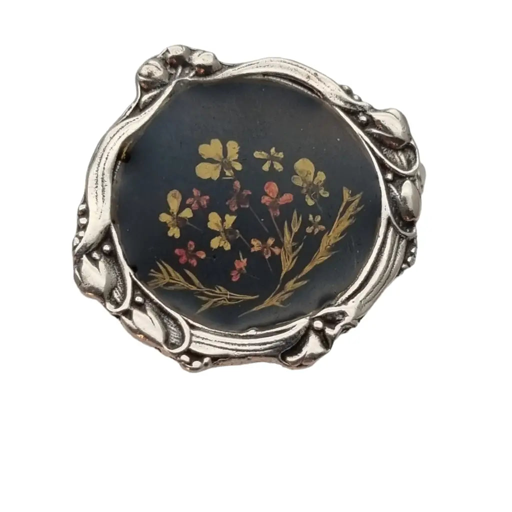 Broche modernista negro de flores y plata 916 regalos joyas antigua vintage.