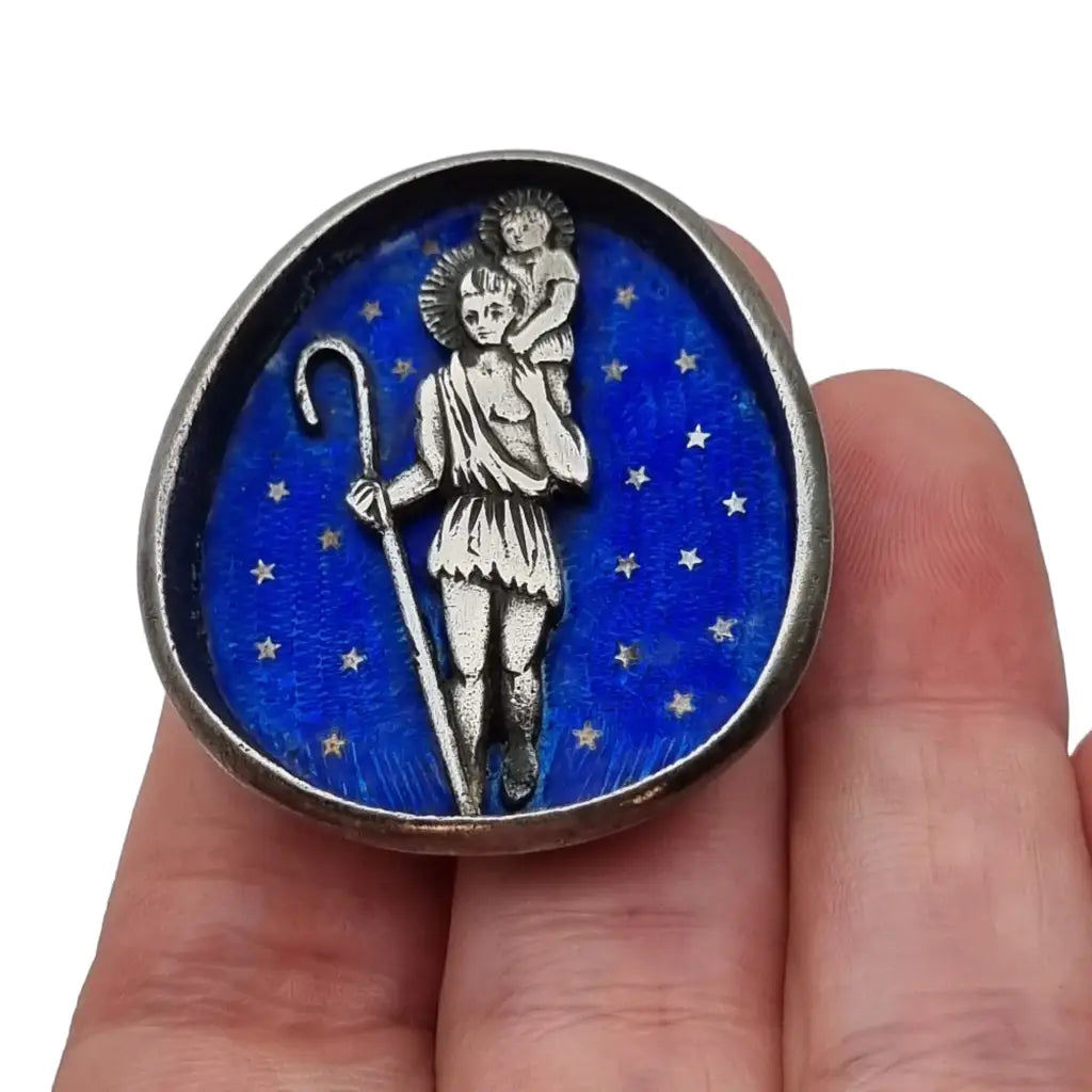 Antiguo botón de san cristóbal plata y esmalte azul regalos religiosos.