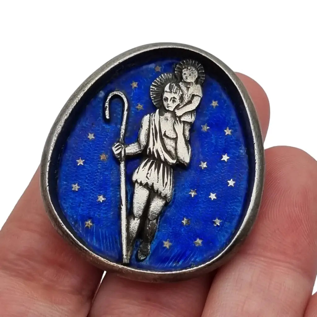 Antiguo botón de san cristóbal plata y esmalte azul regalos religiosos.