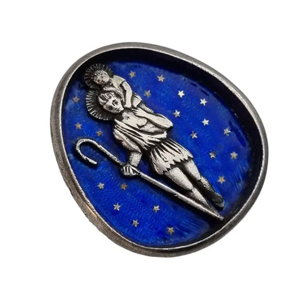 Antiguo botón de san cristóbal plata y esmalte azul regalos religiosos.