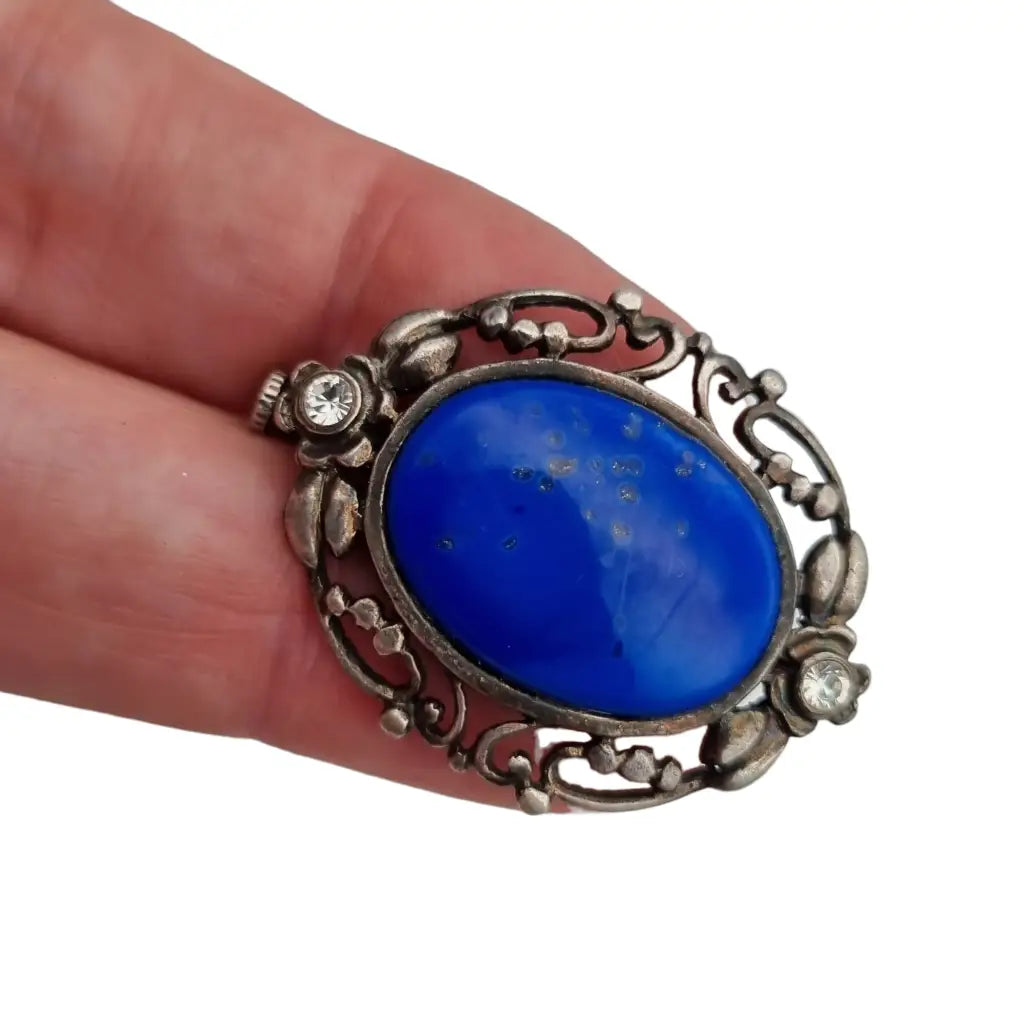 Broche modernista de plata y lapislázuli azul regalos boho originales.