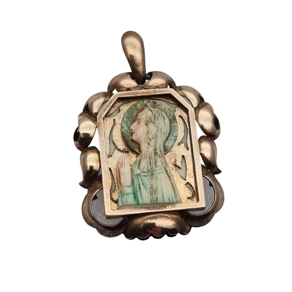 Medalla modernista de la virgen en plata y oro circa 1910 colgante religioso.