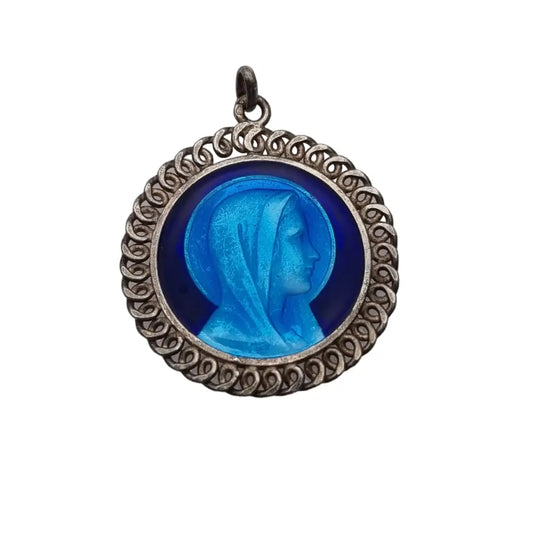 Medalla religiosa de la virgen lourdes francia 1959 en plata y esmalte azul.