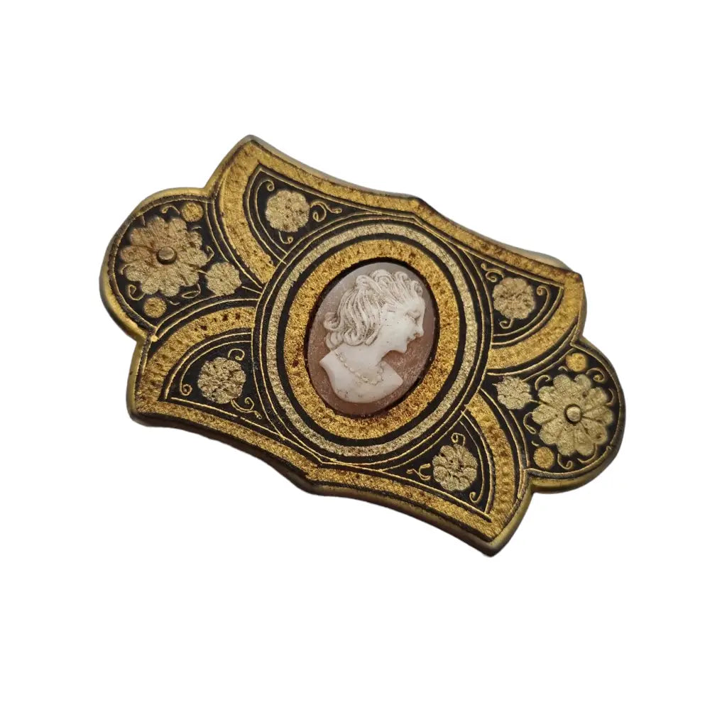 Broche damasquinado antiguo de oro toledano con camafeo los años 40.