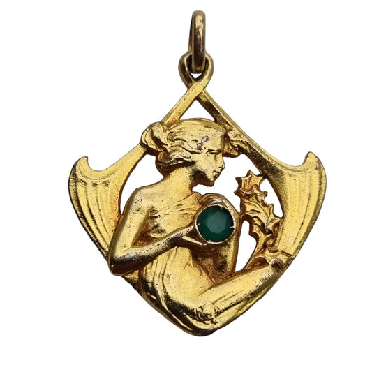 Colgante art nouveau en plata dorada con mujer y piedra verde estilo modernista