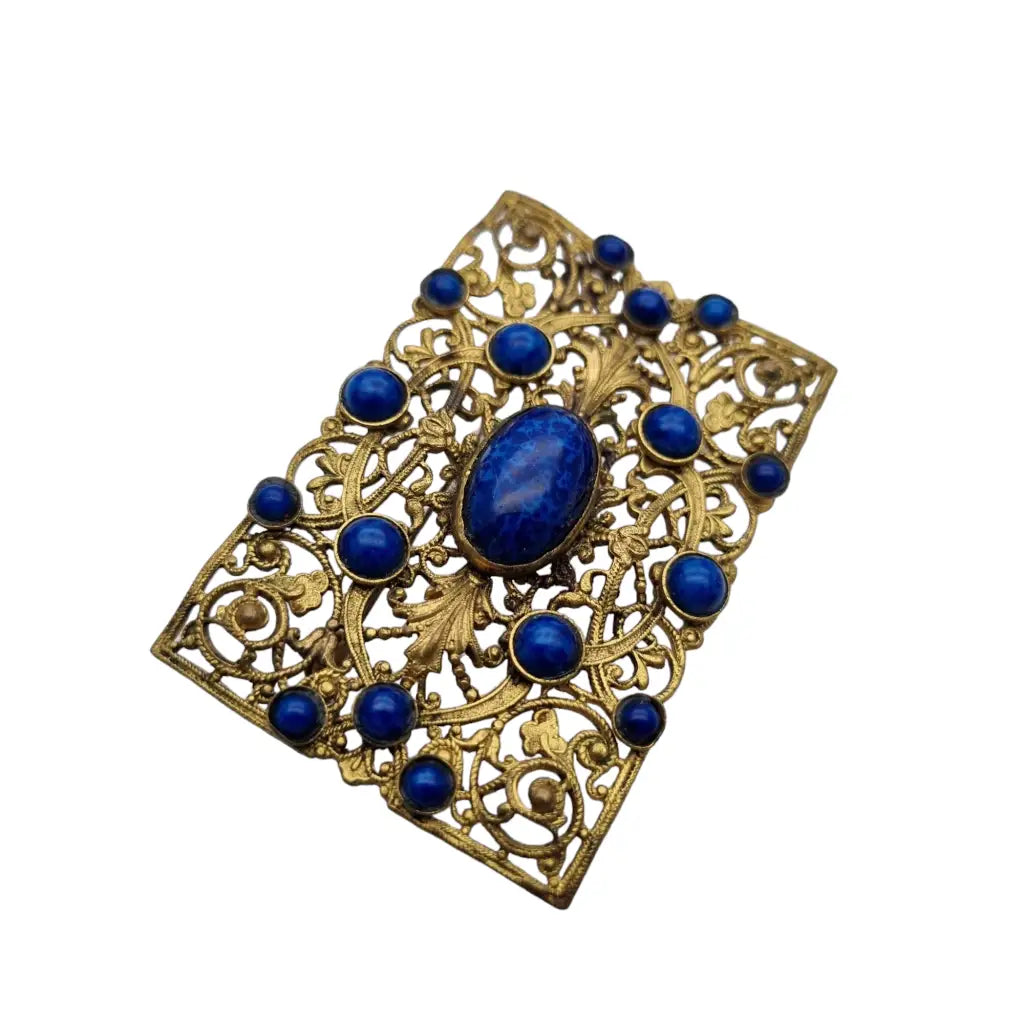 Broche modernista rectangular dorado y azul de los años 40 para mujer.