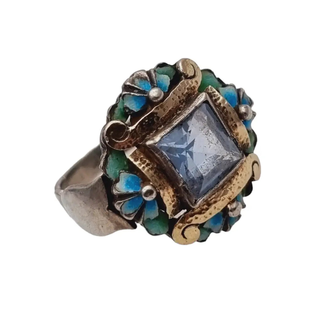 Anillo antiguo art déco de plata y vistas en oro esmalte símil aguamarina.