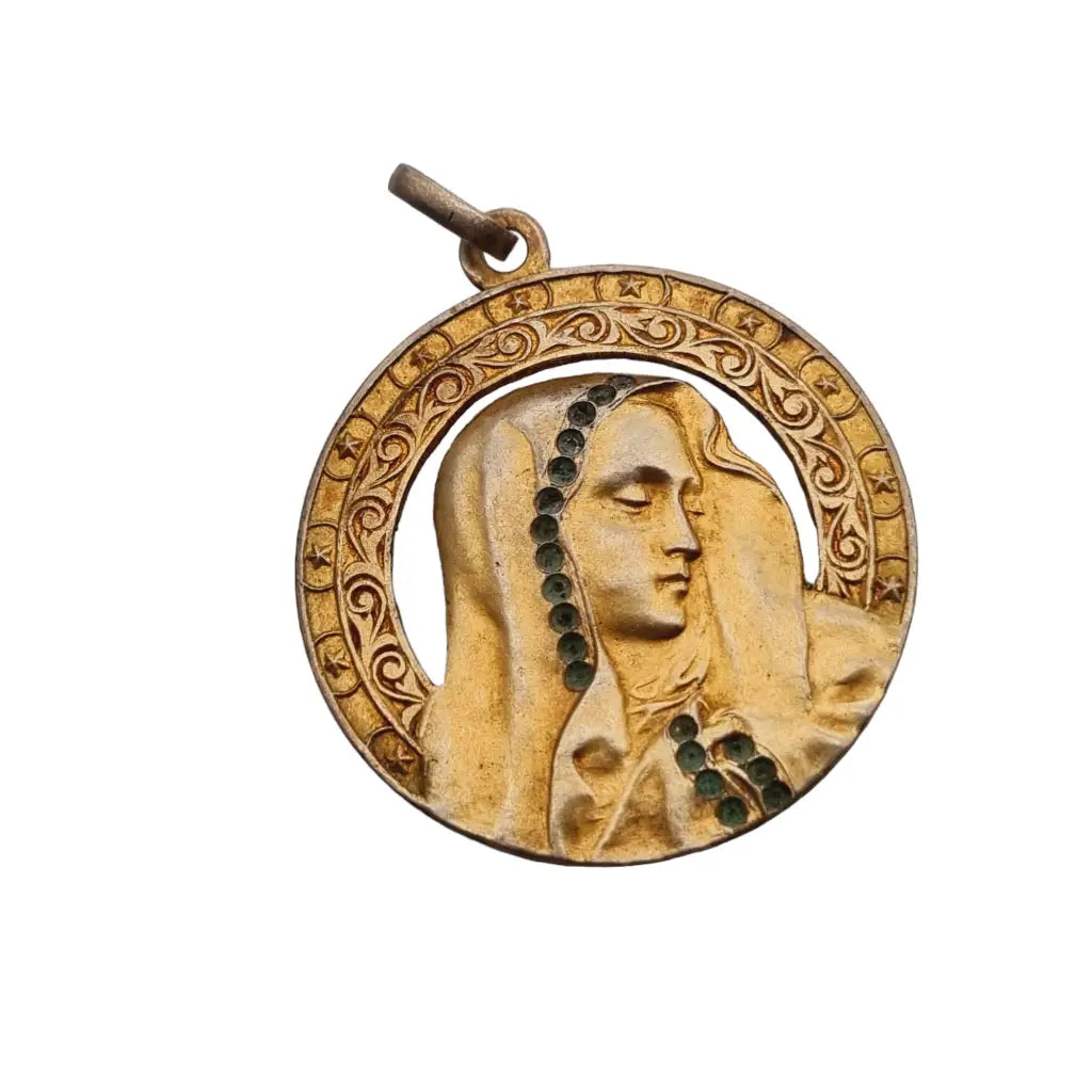 Medalla de la virgen art nouveau plata dorada 1900 joyería para regalar.