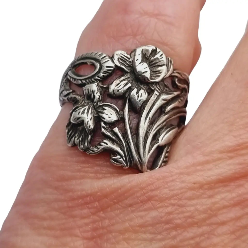 Anillo modernista de plata antiguo flores regalos originales. - LaBizarreSusu