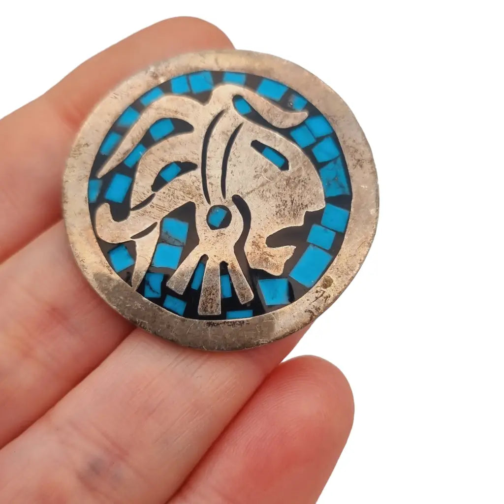 Broche guerrero azteca colgante plata mosaico azul turquesa méxico tr-138.