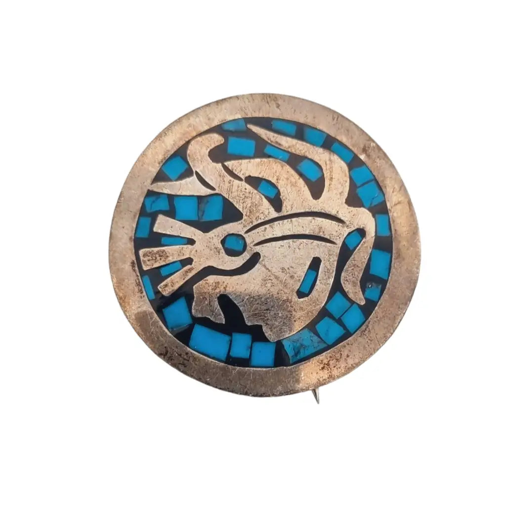 Broche guerrero azteca colgante plata mosaico azul turquesa méxico tr-138.