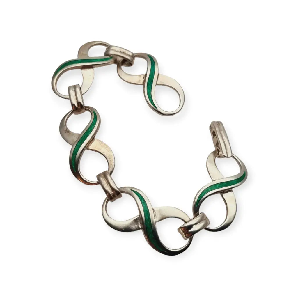 Pulsera de eslabones del símbolo infinito Plata 925 y esmaltes verdes.