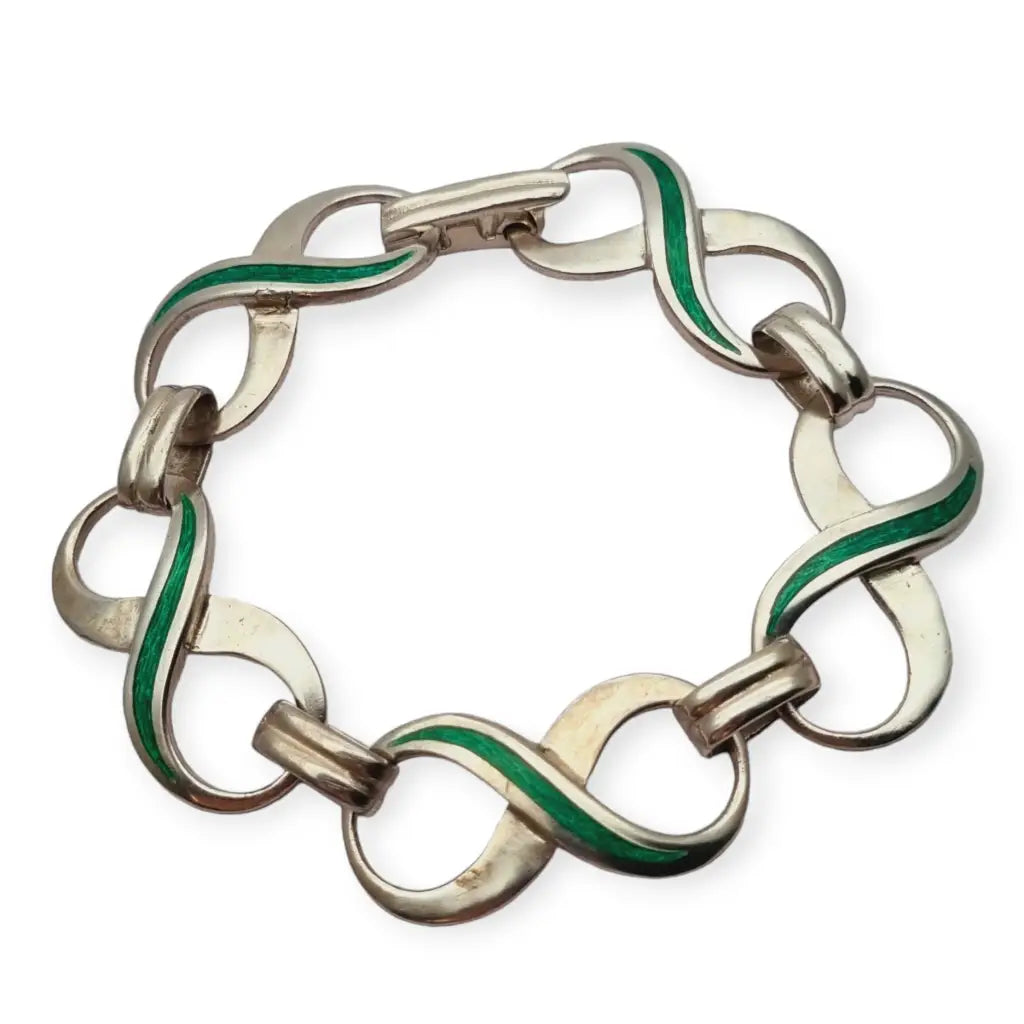 Pulsera de eslabones del símbolo infinito Plata 925 y esmaltes verdes.