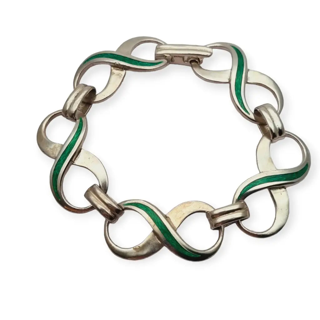 Pulsera de eslabones del símbolo infinito Plata 925 y esmaltes verdes.