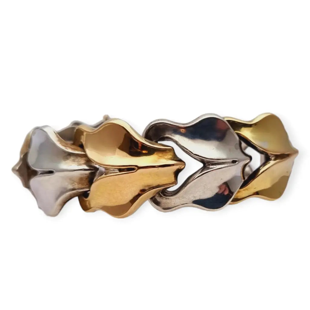 Pulsera Art Déco de plata y oro joya robusta voluminosa regalo para mujer.