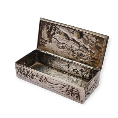 Rara caja de colección plata 925 decorada con trineo perros en la montaña.