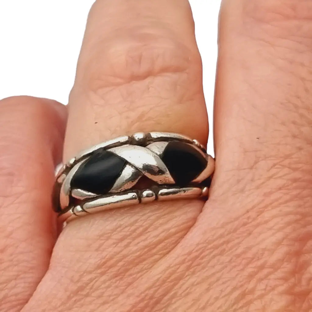 Anillo vintage de plata y esmalte negro trama x 925 regalos para mujer.