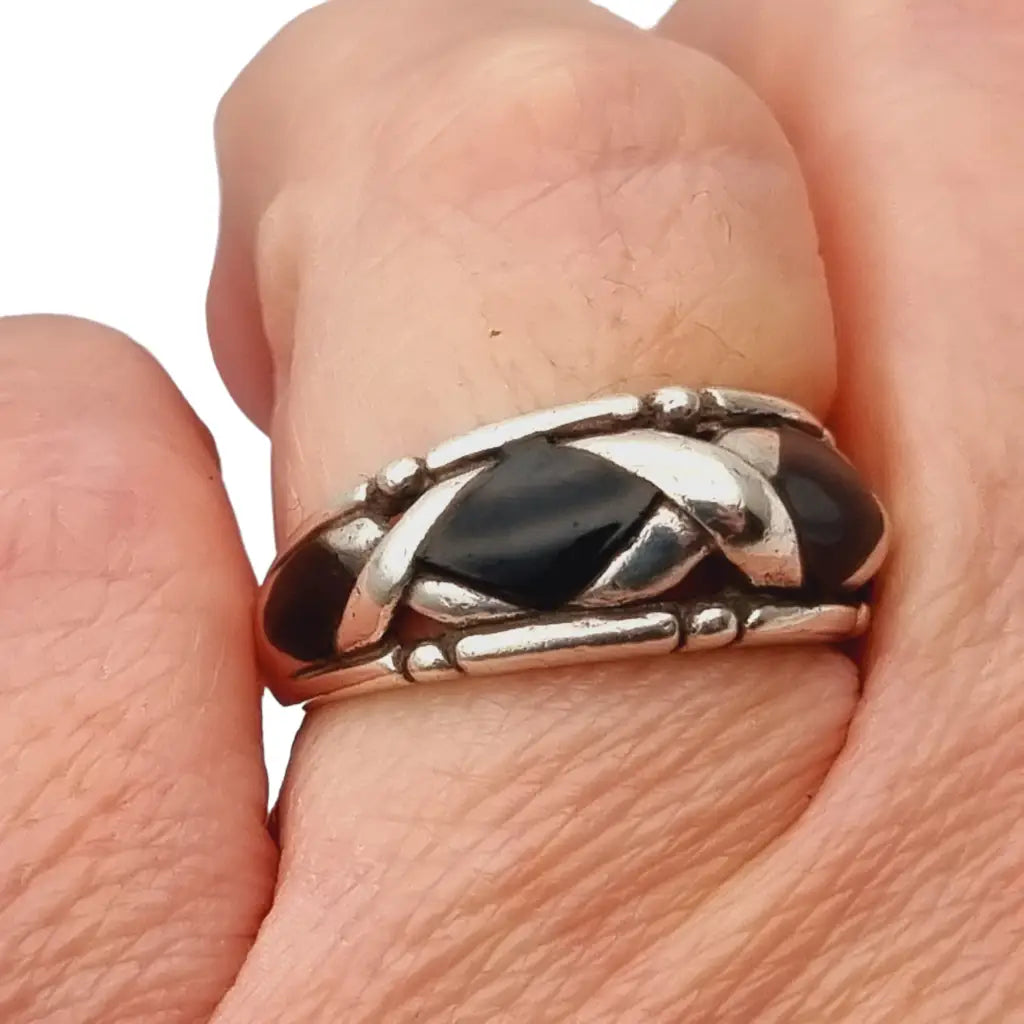 Anillo vintage de plata y esmalte negro trama x 925 regalos para mujer.