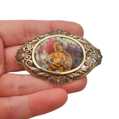 Broche antiguo eduardiano de plata y oro zafiros esmalte guerrero 1900.