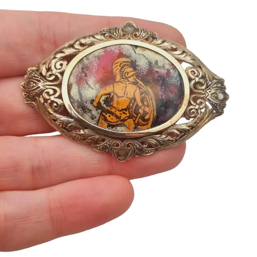 Broche antiguo eduardiano de plata y oro zafiros esmalte guerrero 1900.