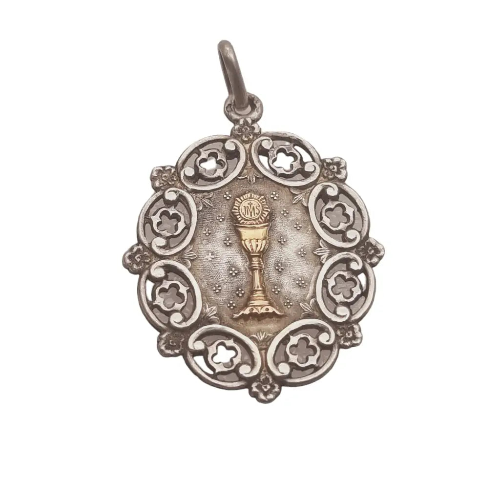 Medalla religiosa de plata art nouveau con cáliz comunión en oro regalos