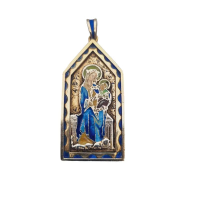 Medalla virgen art nouveau en plata dorada y esmalte azul modernismo religioso.