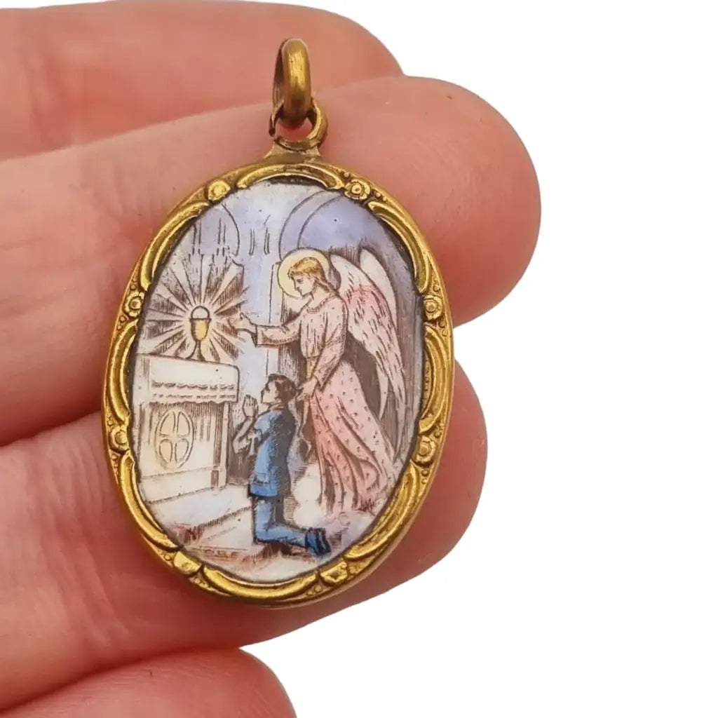 Colgante antiguo de esmalte religioso medalla comunión regalo católico.