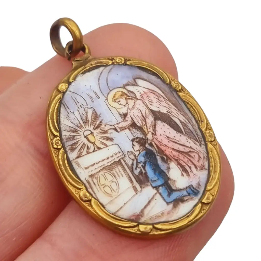 Colgante antiguo de esmalte religioso medalla comunión regalo católico.