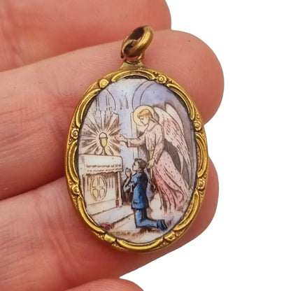 Colgante antiguo de esmalte religioso medalla comunión regalo católico.