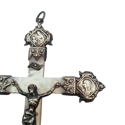 Cruz antigua de plata y nácar francia regalo religioso coleccionable 1900.