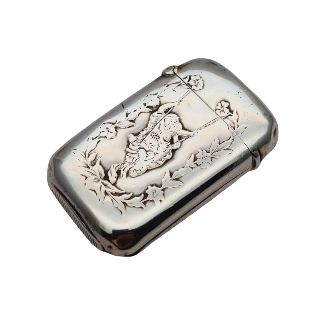 Antigua caja de cerilla art nouveau floral niñas en columpio plata ley 1900.