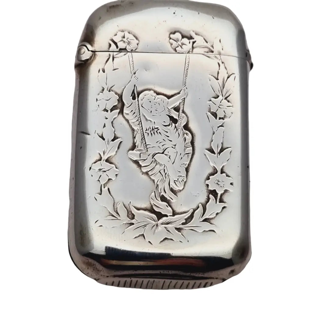 Antigua caja de cerilla art nouveau floral niñas en columpio plata ley 1900.