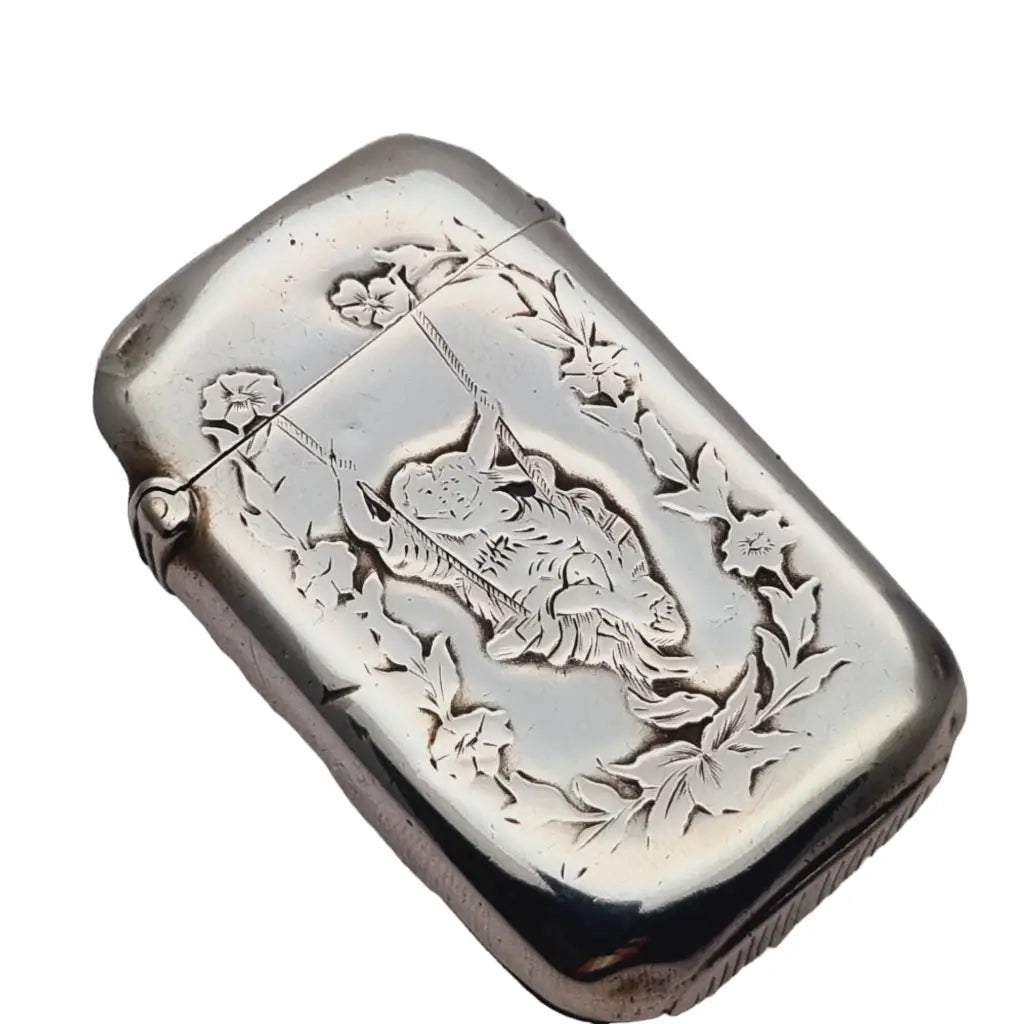 Antigua caja de cerilla art nouveau floral niñas en columpio plata ley 1900.