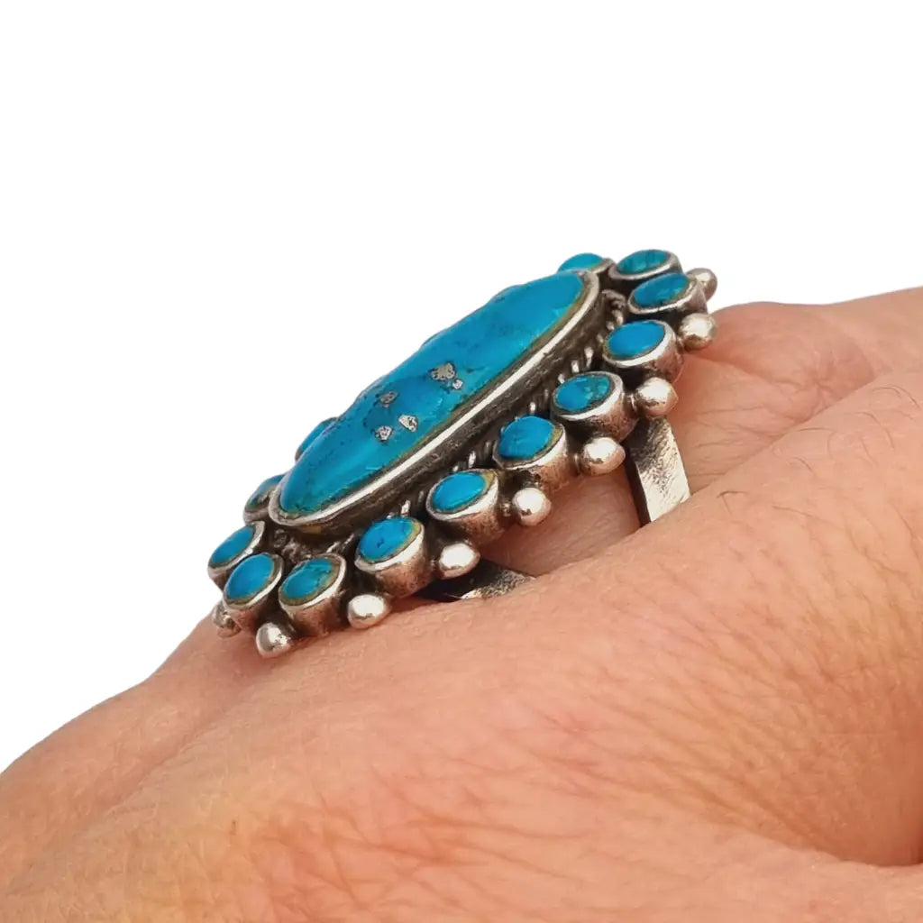 Anillo vintage estilo navajo de turquesa anillo boho plata 925 piedra azul.