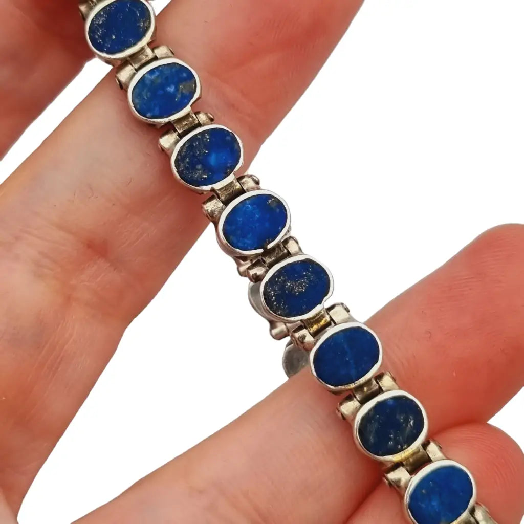 Pulsera de plata y lapislázuli azul retro boho para mujer 950 años 70.