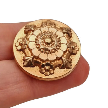 Broche floral victoriano redondo dorado para mujer francia botón cuello.