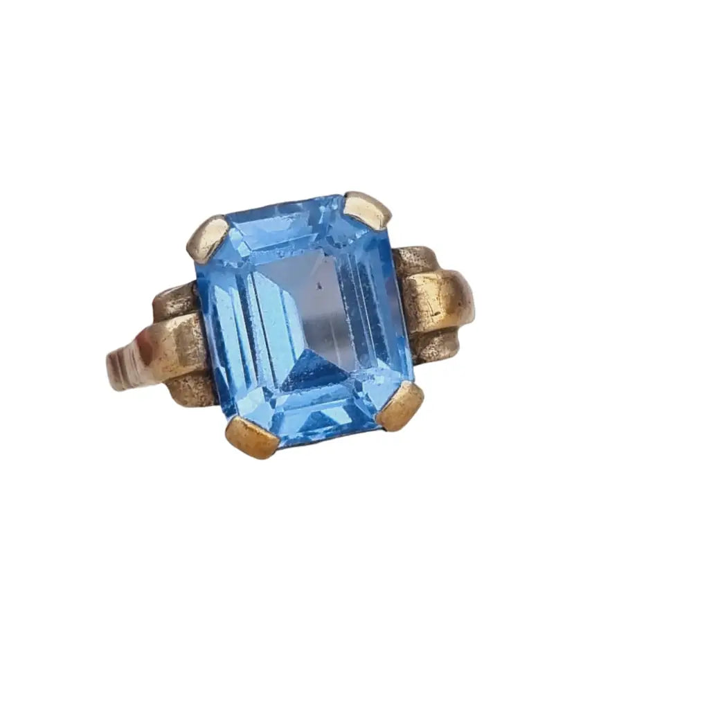 Anillo antiguo de plata art déco para mujer símil aguamarina azul 1940.