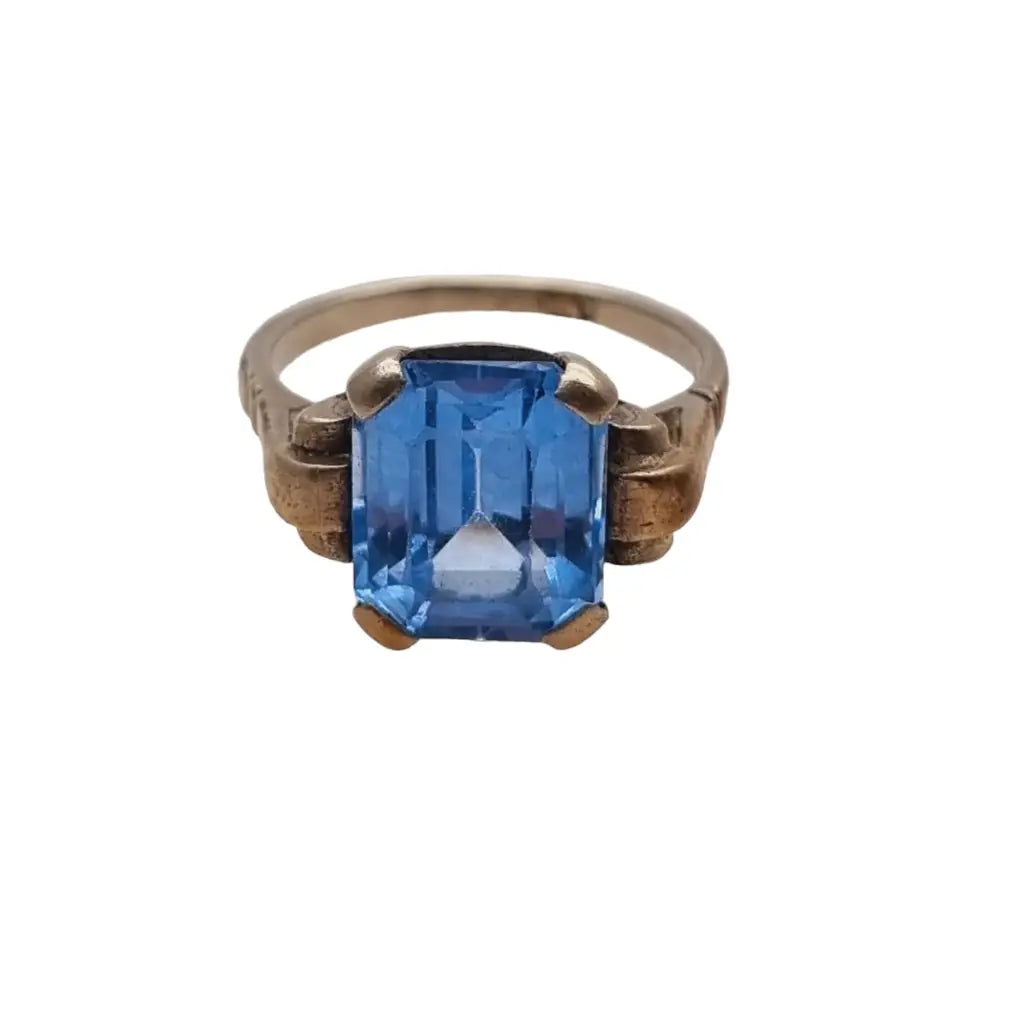 Anillo antiguo de plata art déco para mujer símil aguamarina azul 1940.