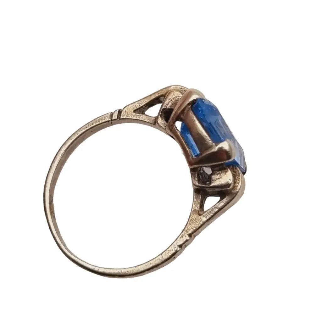 Anillo antiguo de plata art déco para mujer símil aguamarina azul 1940.