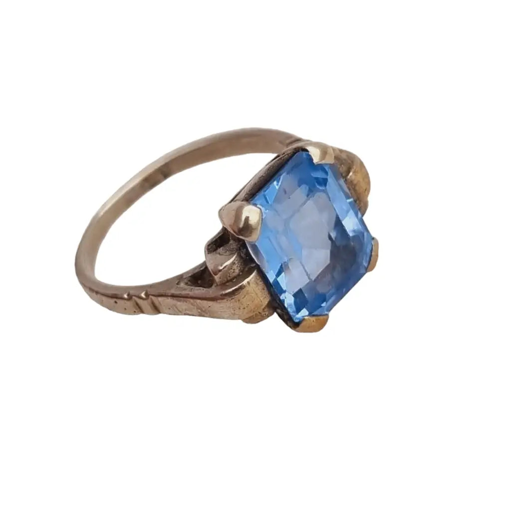 Anillo antiguo de plata art déco para mujer símil aguamarina azul 1940.