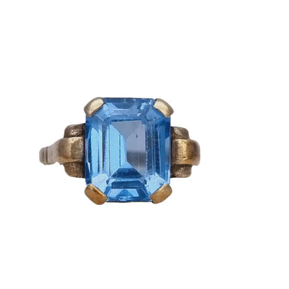 Anillo antiguo de plata art déco para mujer símil aguamarina azul 1940.