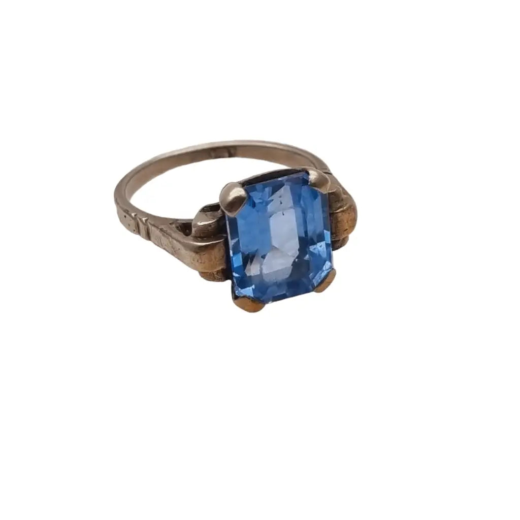 Anillo antiguo de plata art déco para mujer símil aguamarina azul 1940.