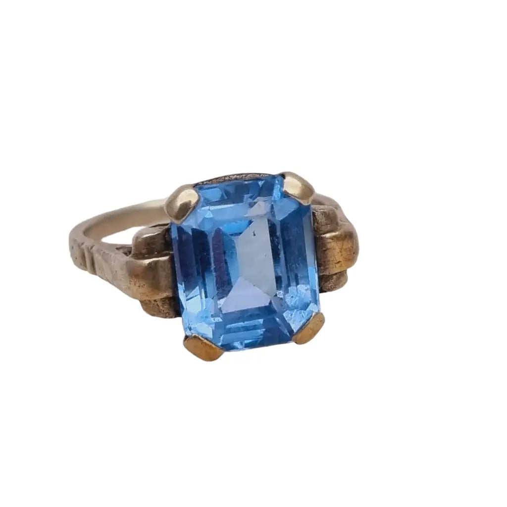 Anillo antiguo de plata art déco para mujer símil aguamarina azul 1940.