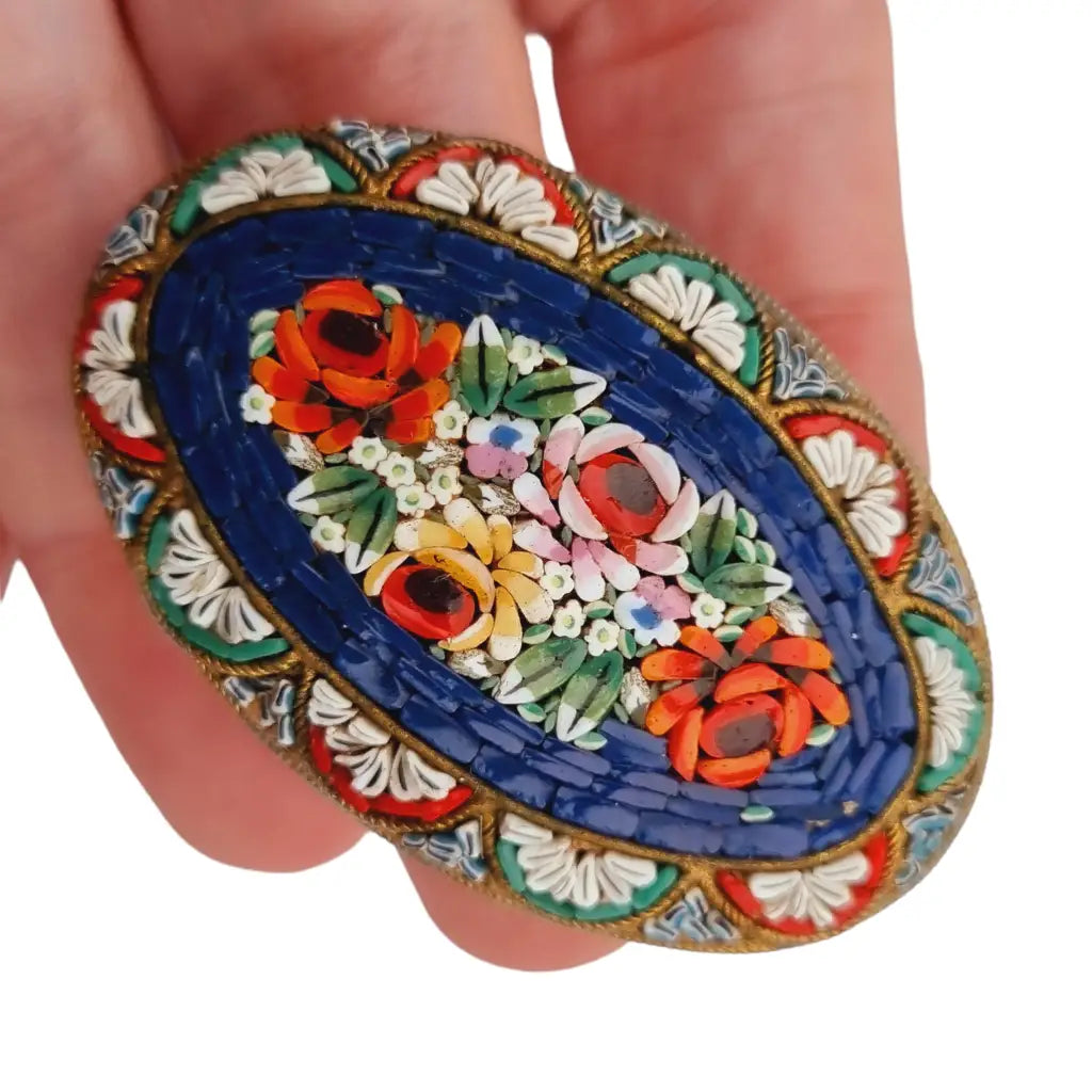 Broche micromosaico antiguo ovalado floral azul joyería italiana regalos,