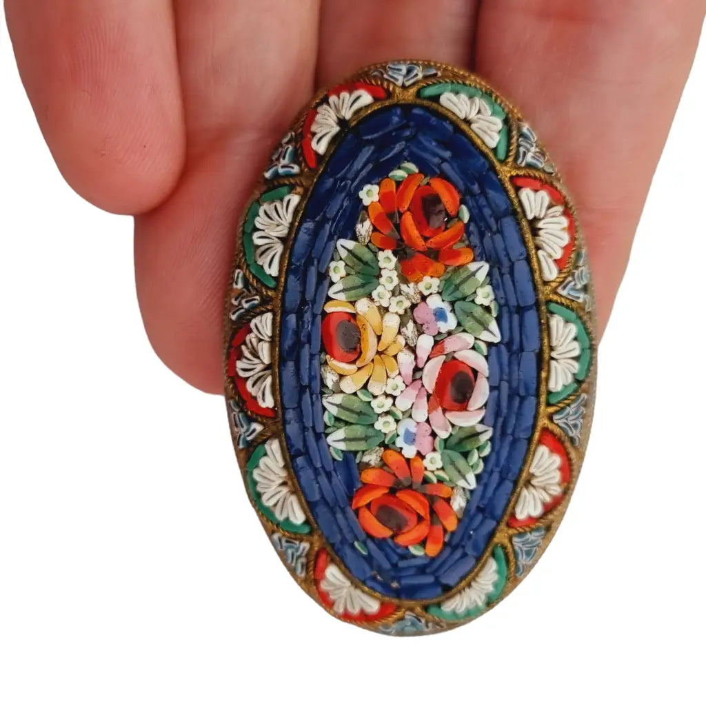 Broche micromosaico antiguo ovalado floral azul joyería italiana regalos,