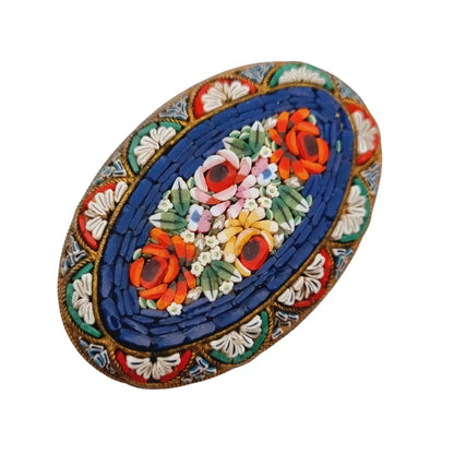 Broche micromosaico antiguo ovalado floral azul joyería italiana regalos,