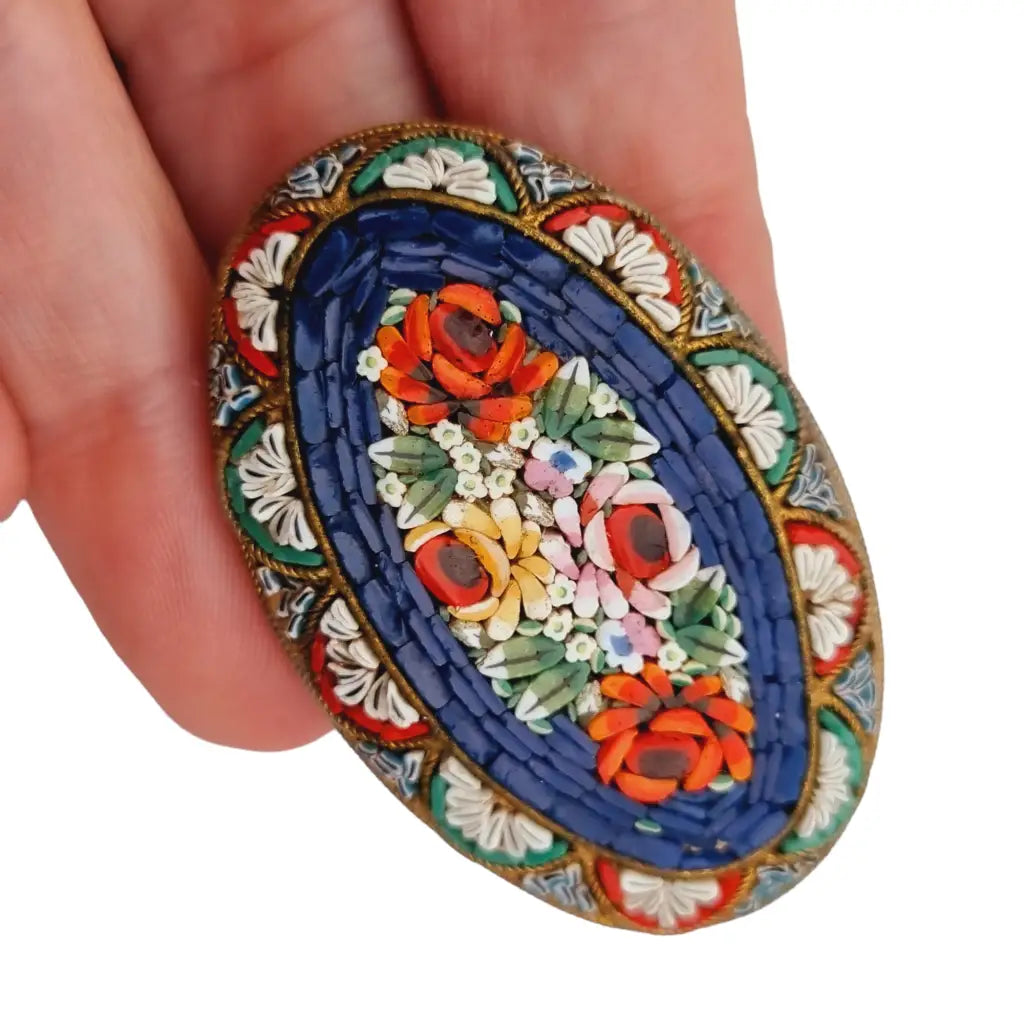 Broche micromosaico antiguo ovalado floral azul joyería italiana regalos,